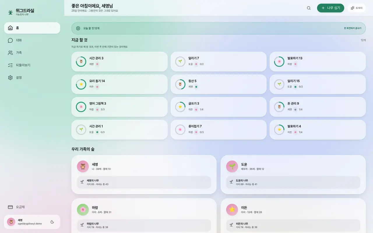 위그드라실 홈 화면 — 가족 넷의 나무가 숲처럼 놓이고, 위에 오늘 할 것이 모여 있다